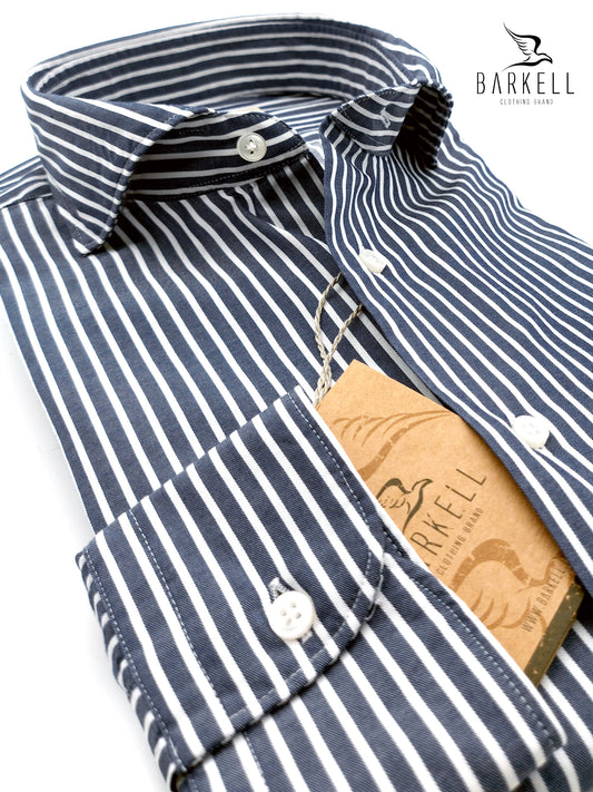Camicia in Cotone Rigata Blu e Bianco Collo Francese Cutaway