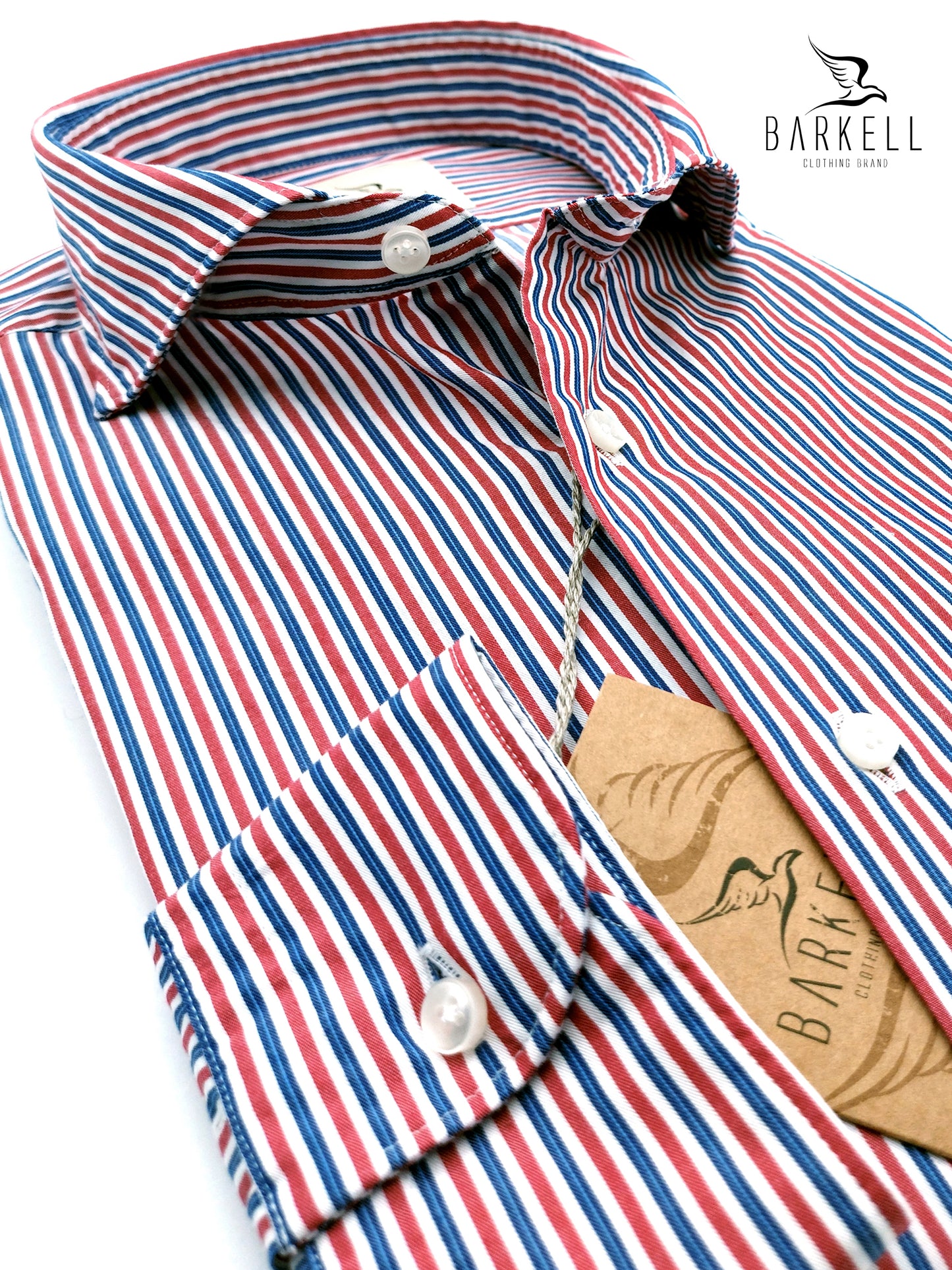 Camicia in Cotone Rigata Rosso e Azzurro Collo Francese Cutaway