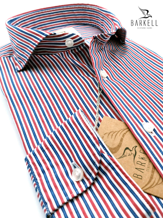 Camicia in Cotone Rigata Rosso e Azzurro Collo Francese Cutaway