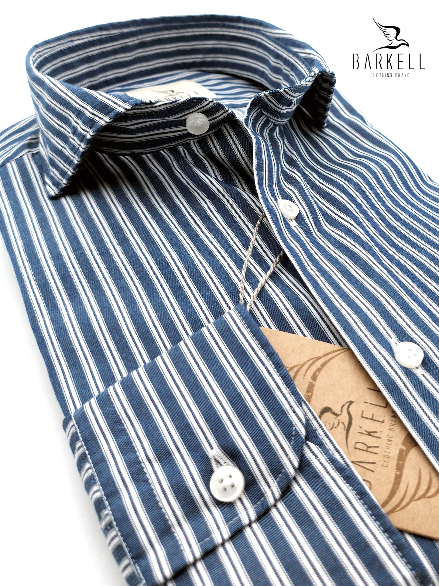 Camicia in Cotone Rigata Indaco e Bianco Collo Francese Cutaway