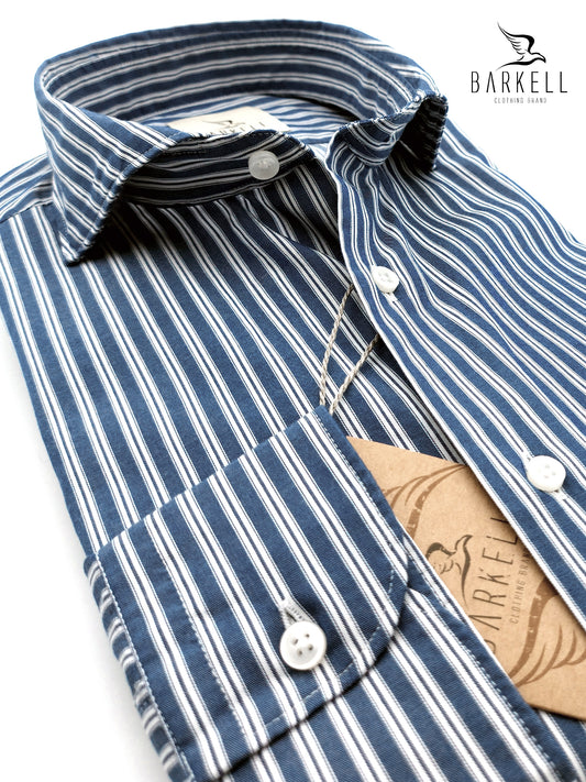 Camicia in Cotone Rigata Indaco e Bianco Collo Francese Cutaway