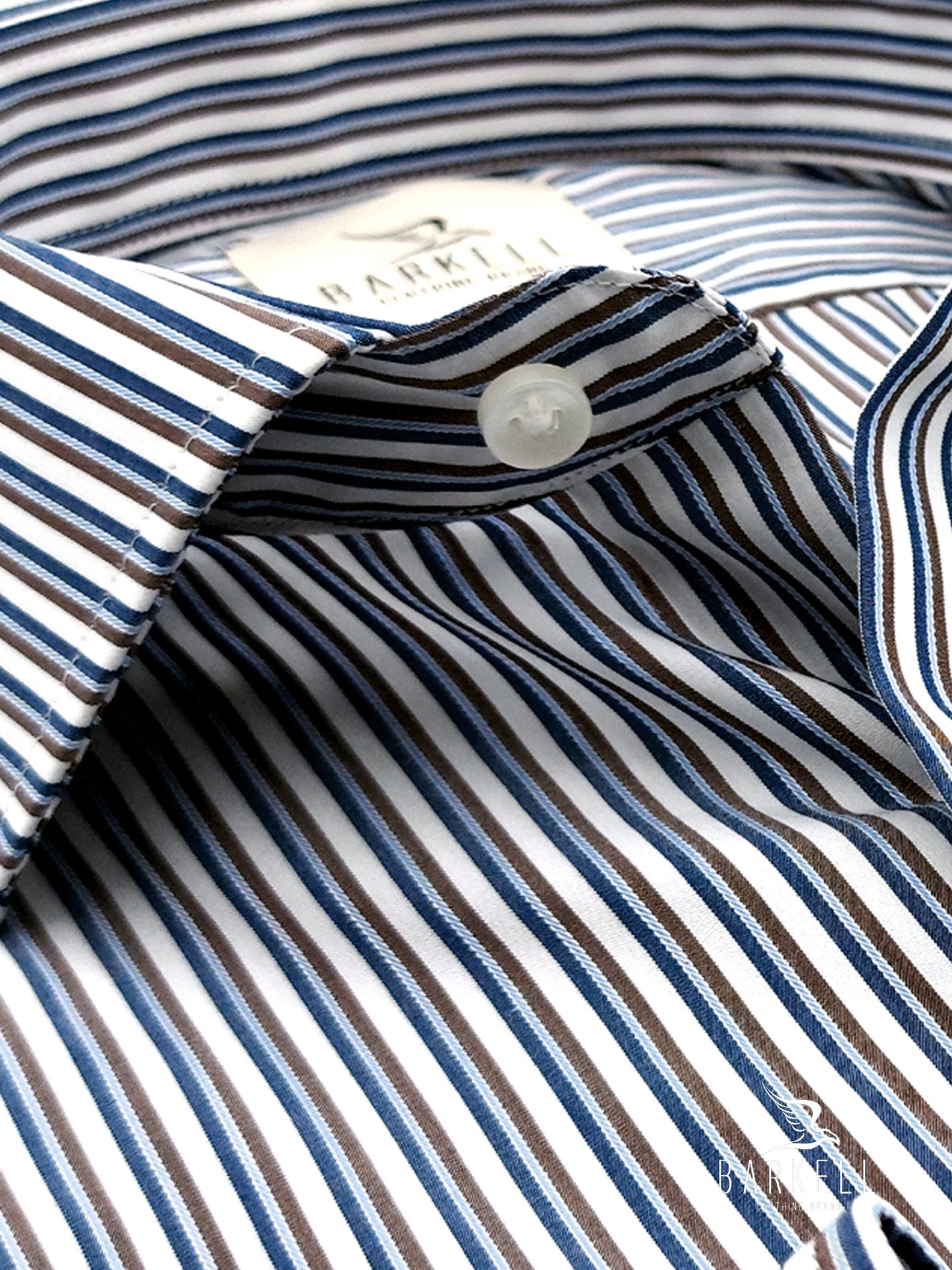 Camicia in Cotone No Stiro Rigata Marrone e Indaco Fondo Bianco Collo Francese