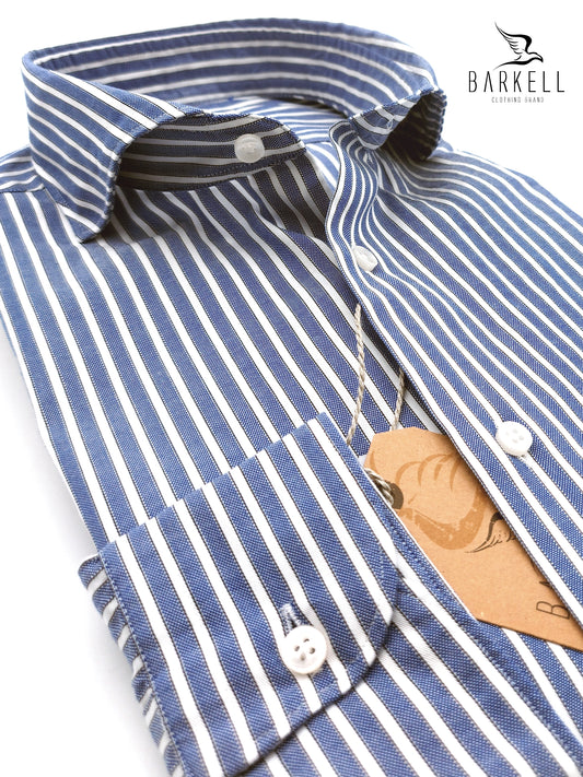Camicia in Cotone Rigata Bianca e Blu Collo Francese Cutaway