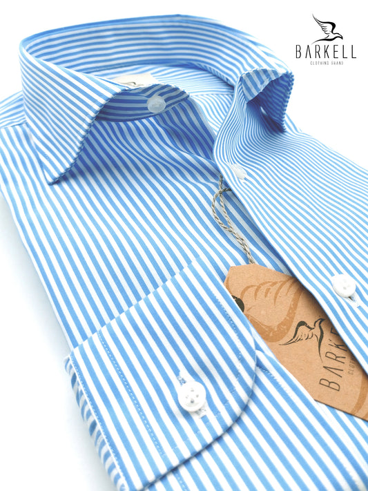 Camicia in Cotone No Stiro Rigata Bianca e Celeste Collo Francese