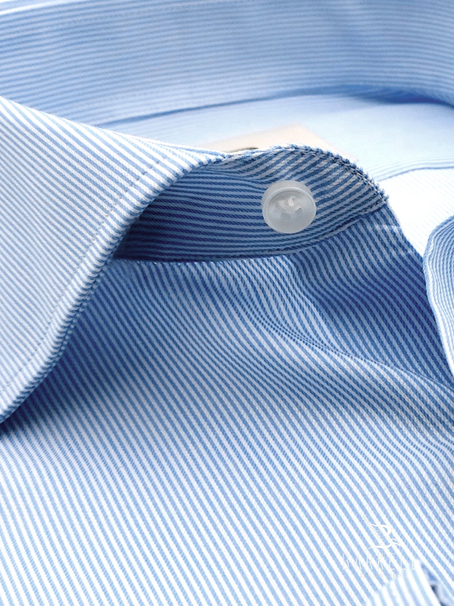 Camicia in Cotone Rigata Bianca e Celeste Collo Francese