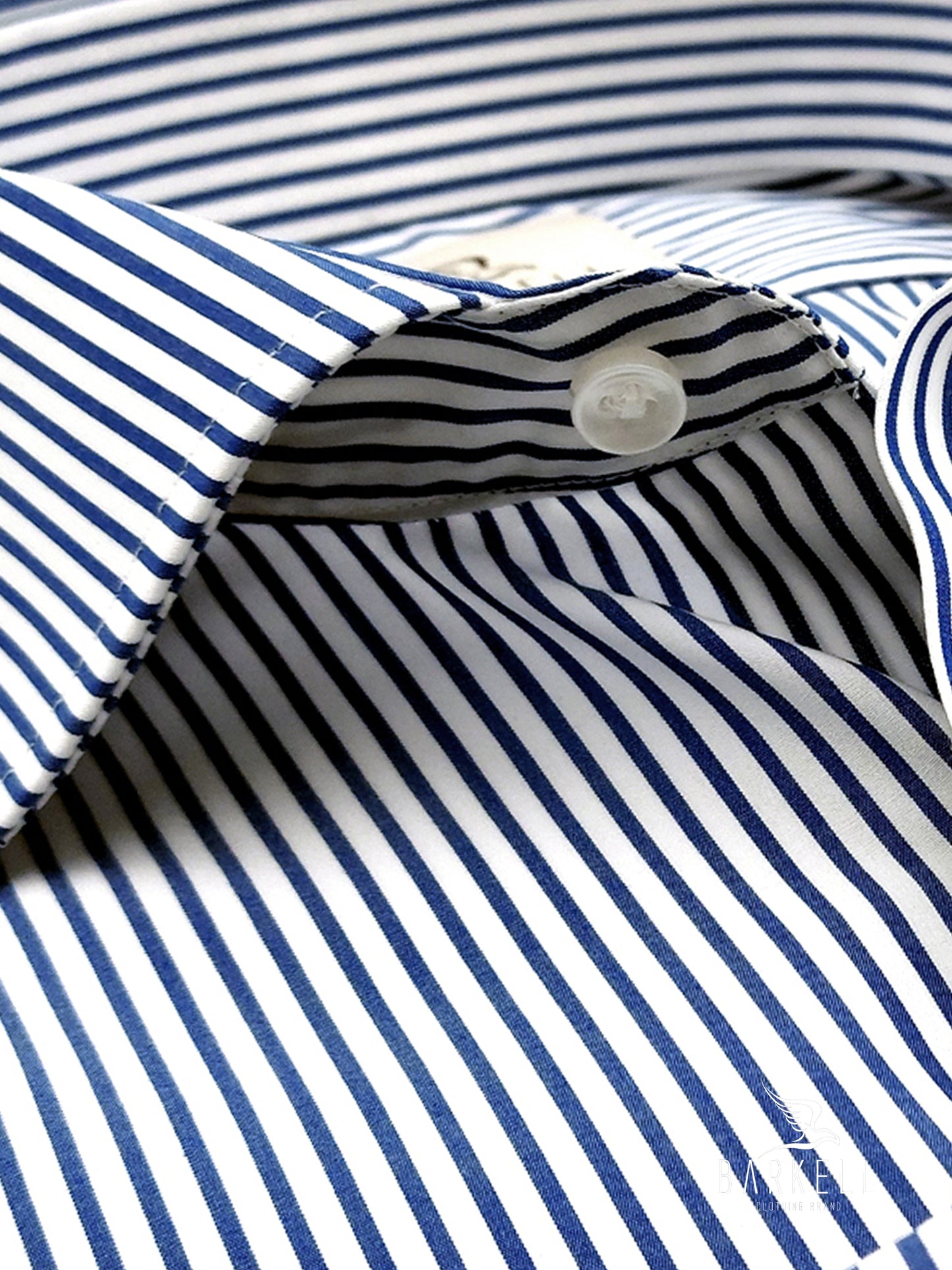 Camicia in Cotone No Stiro Rigata Bianca e Blu Collo Francese