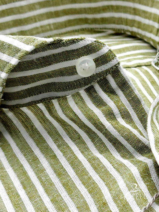 Camicia in Misto Lino Rigato Oliva e Bianco Collo Francese Cutaway