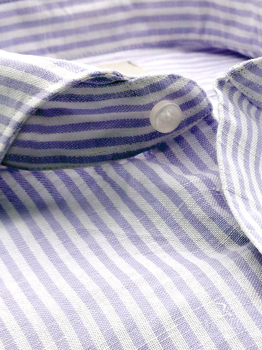 Camicia in Misto Lino Rigato Glicine e Bianco Collo Francese Cutaway