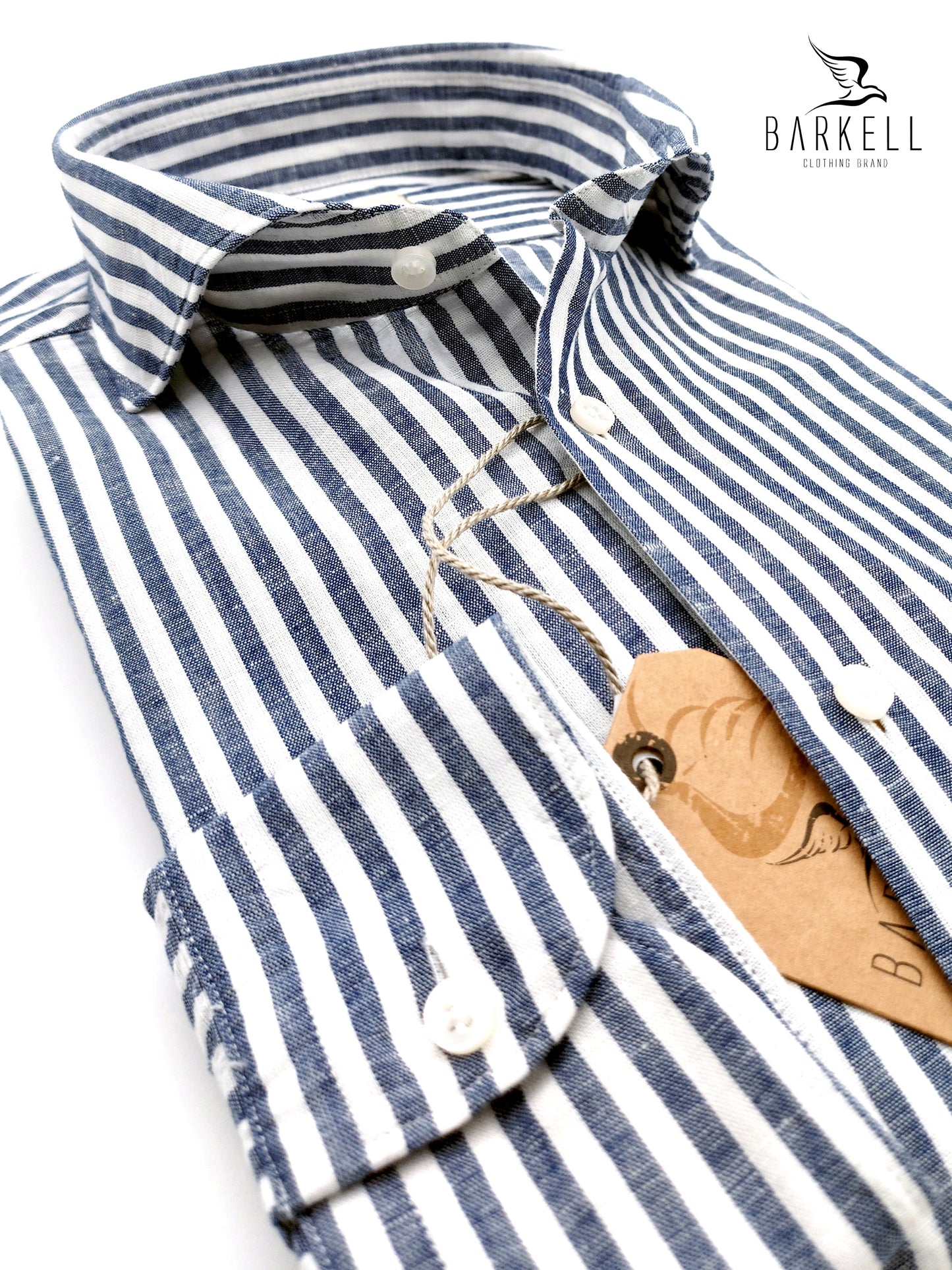Camicia in Misto Lino Rigato Blu e Bianco Collo Francese Cutaway