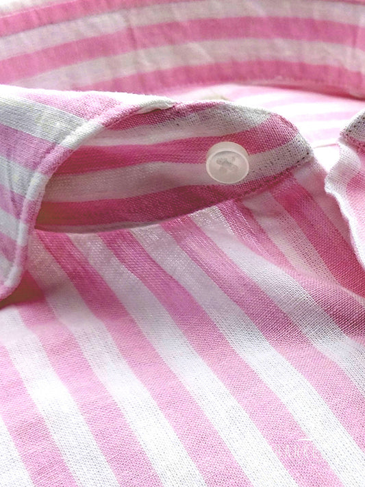 Camicia in Misto Lino Rigato Rosa e Bianco Collo Francese Cutaway
