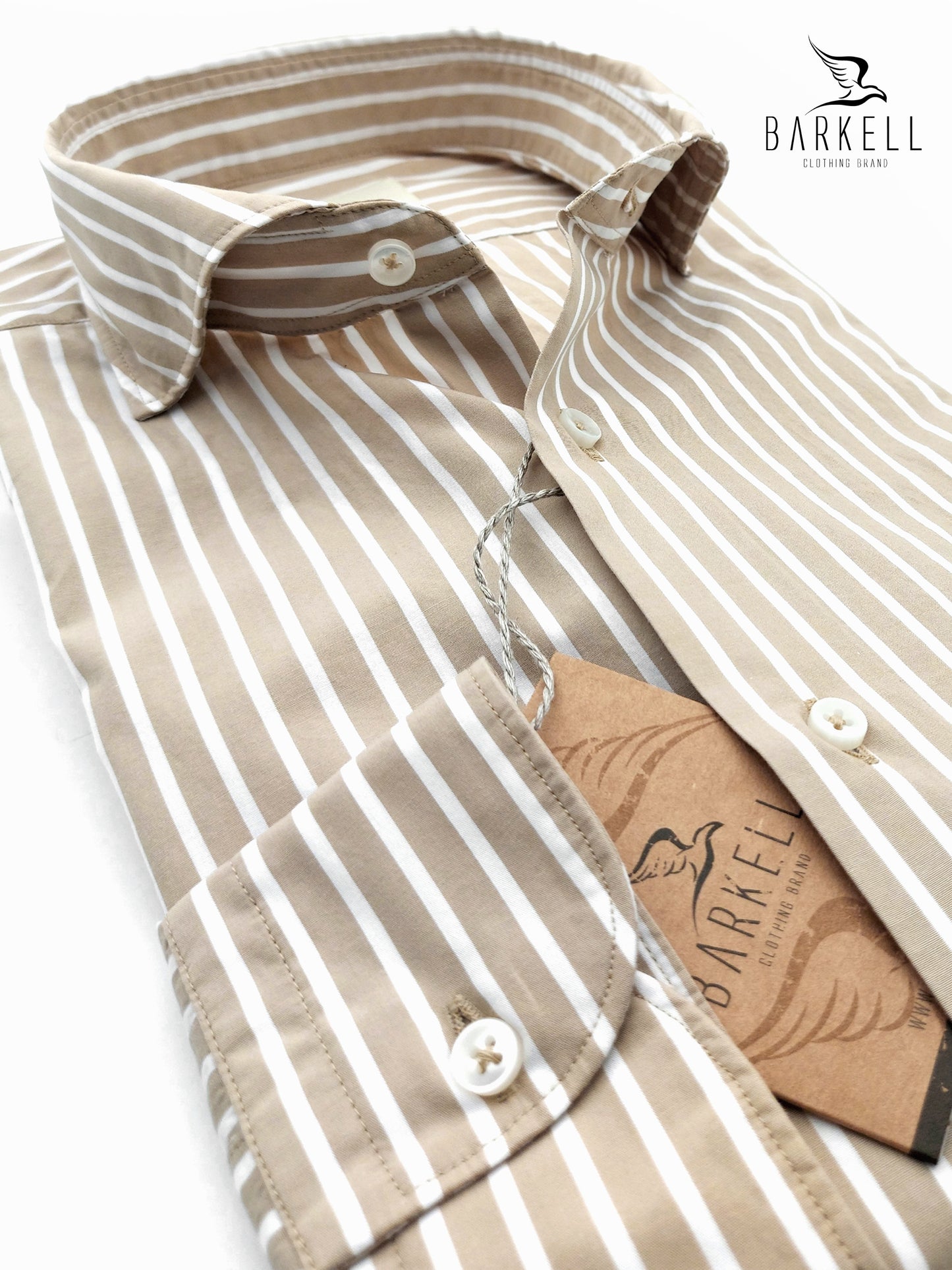 Camicia in Cotone Rigata Beige e Bianco Collo Francese Cutaway