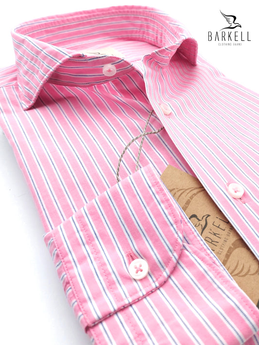 Camicia in Cotone Rigata Rosa e Bianco Collo Francese Cutaway