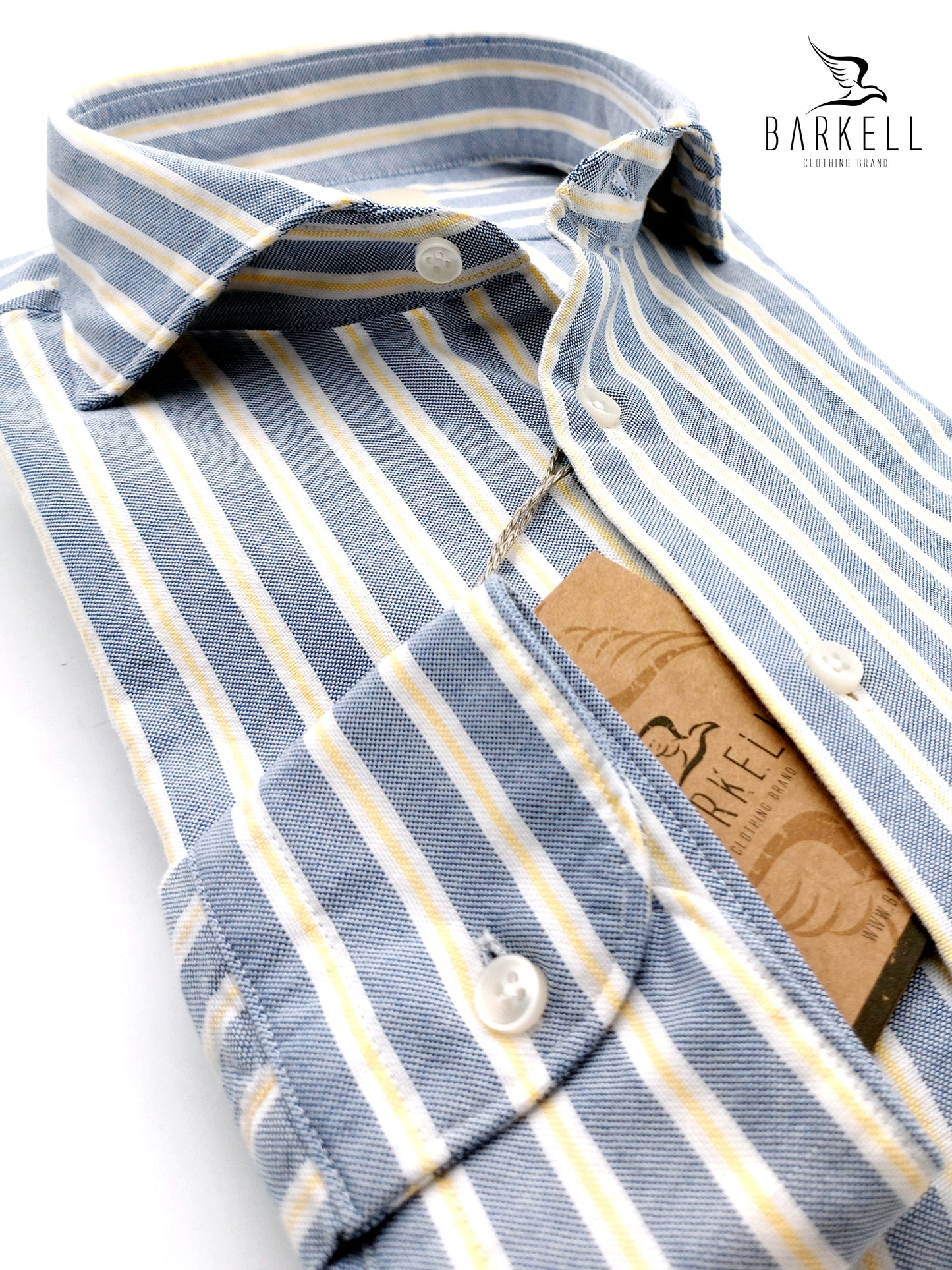 Camicia in Cotone Oxford Rigata Blu Denim e Bianco Collo Francese Cutaway