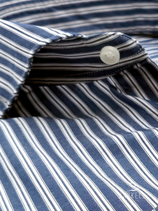 Cutaway French Collar Blue and White Striped Cotton Shirt