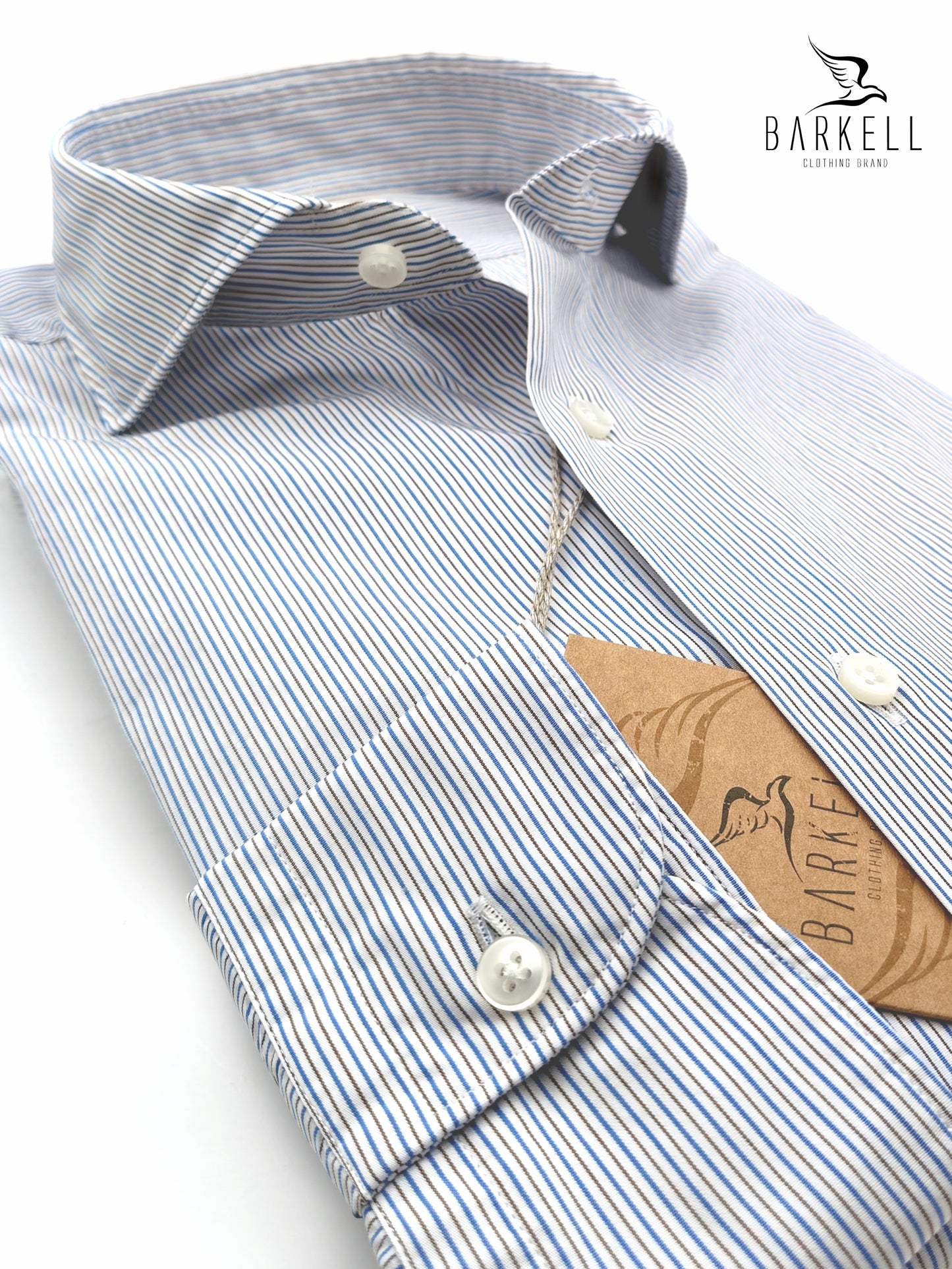 Camicia in Cotone Rigata Azzurro e Nocciola Collo Francese Cutaway