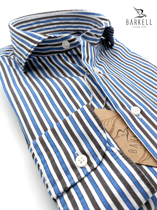 Camicia in Cotone Rigata Azzurro e Marrone e Bianco Collo Francese Cutaway