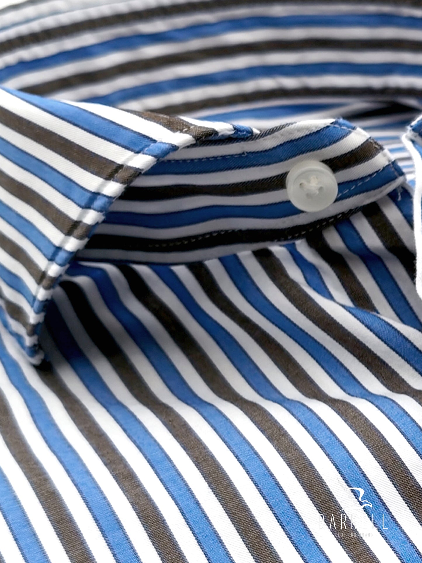 Camicia in Cotone Rigata Azzurro e Marrone e Bianco Collo Francese Cutaway