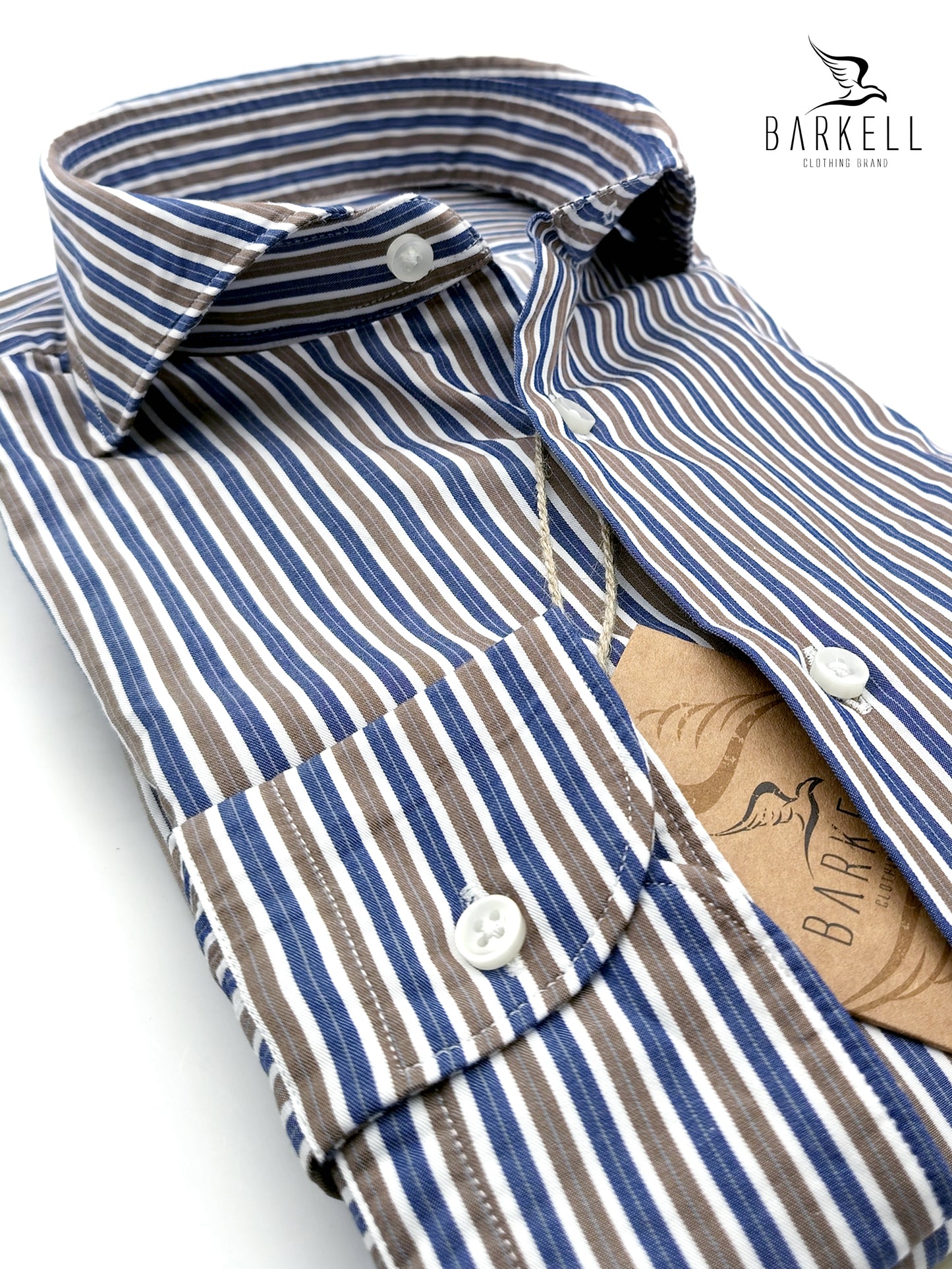 Camicia in Cotone Rigata Nocciola e Blu e Bianco Collo Francese Cutaway