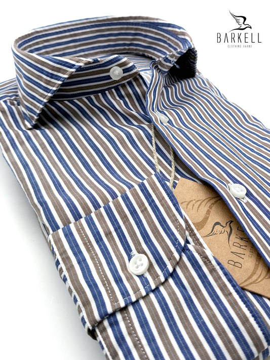 Camicia in Cotone Rigata Nocciola e Blu e Bianco Collo Francese Cutaway