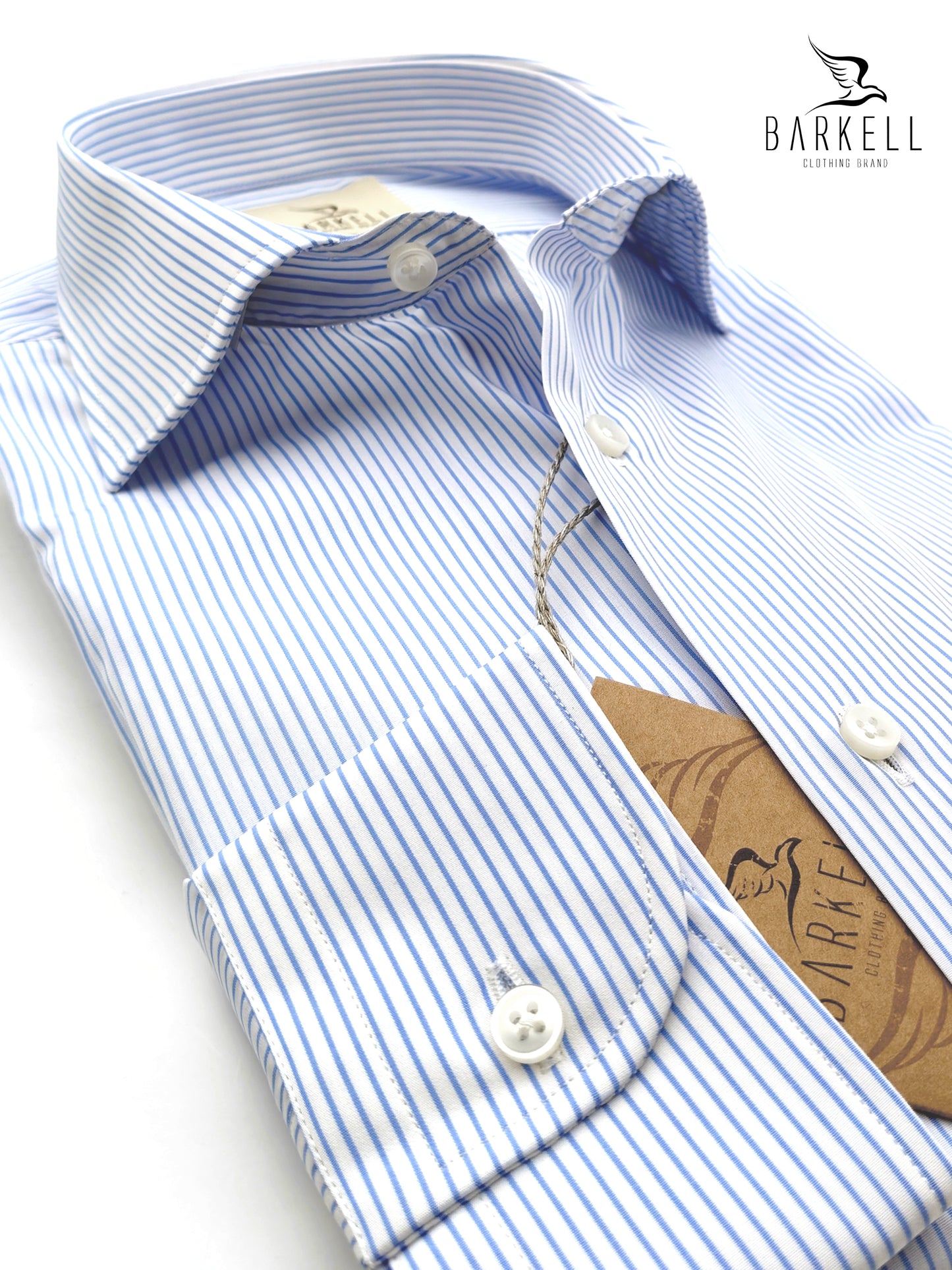 Indigo and White Striped Double Twisted Cotton Shirt with French Collar