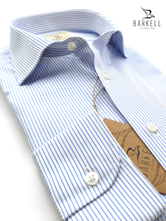 Camicia in Cotone Doppio Ritorto Rigata Celeste e Bianco Collo Francese