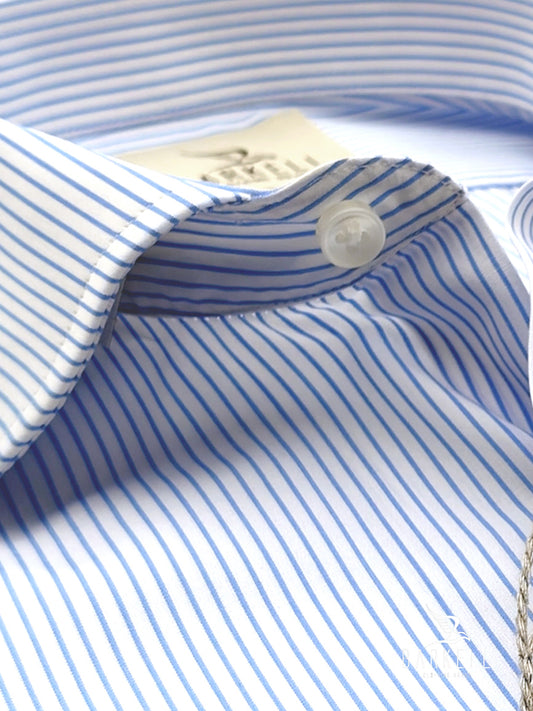 Indigo and White Striped Double Twisted Cotton Shirt with French Collar