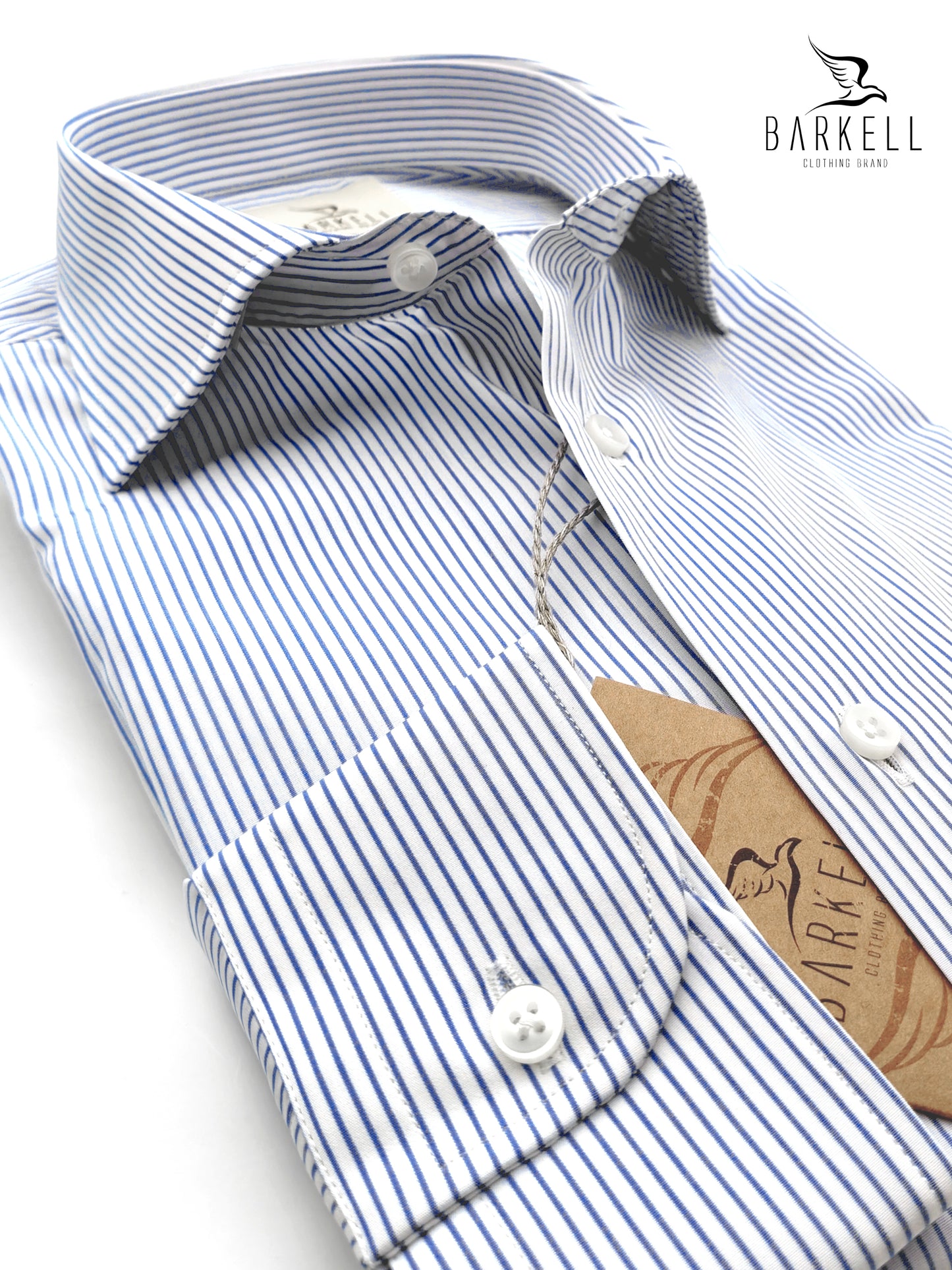 Camicia in Cotone Doppio Ritorto Rigata Blu e Bianco Collo Francese
