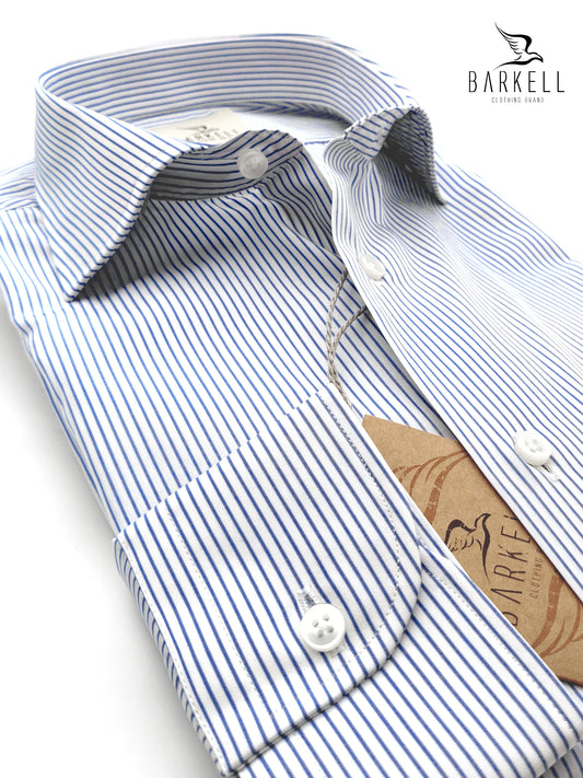 Camicia in Cotone Doppio Ritorto Rigata Blu e Bianco Collo Francese