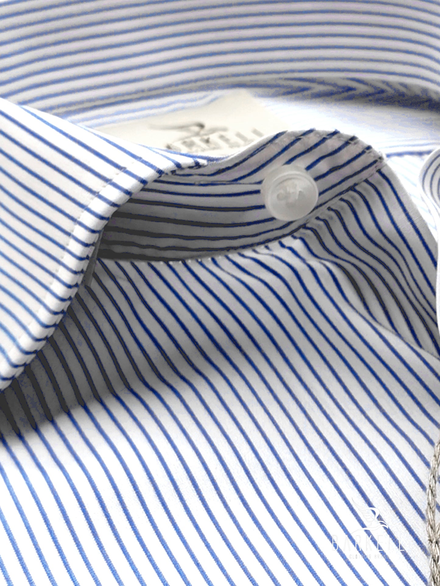 Camicia in Cotone Doppio Ritorto Rigata Blu e Bianco Collo Francese