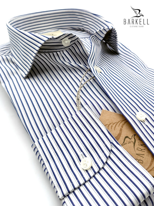 Camicia in Cotone Rigata Bianco e Blu Collo Francese