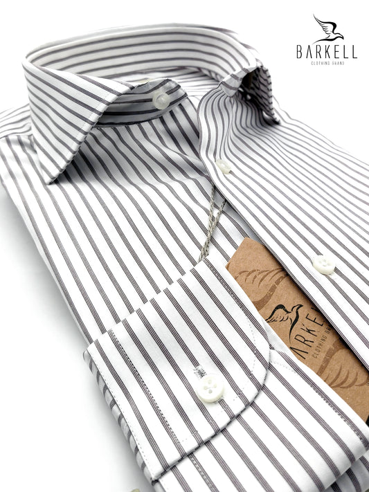 Camicia in Cotone Rigata Marrone e Bianco Collo Francese