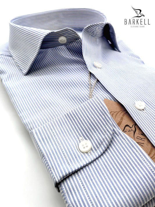 Camicia in Cotone No Stiro Rigata Celeste e Bianco Collo Francese