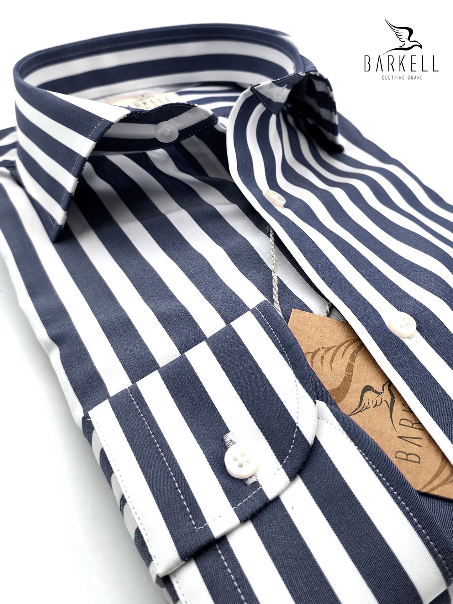 Camicia in Cotone No Stiro Rigata Blu e Bianco Collo Francese