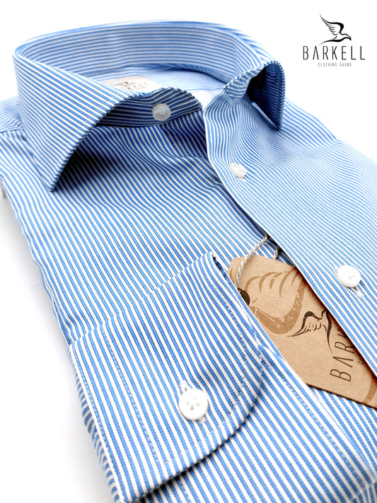 Camicia in Cotone Doppio Ritorto Rigata Bianco e Celeste Collo Francese