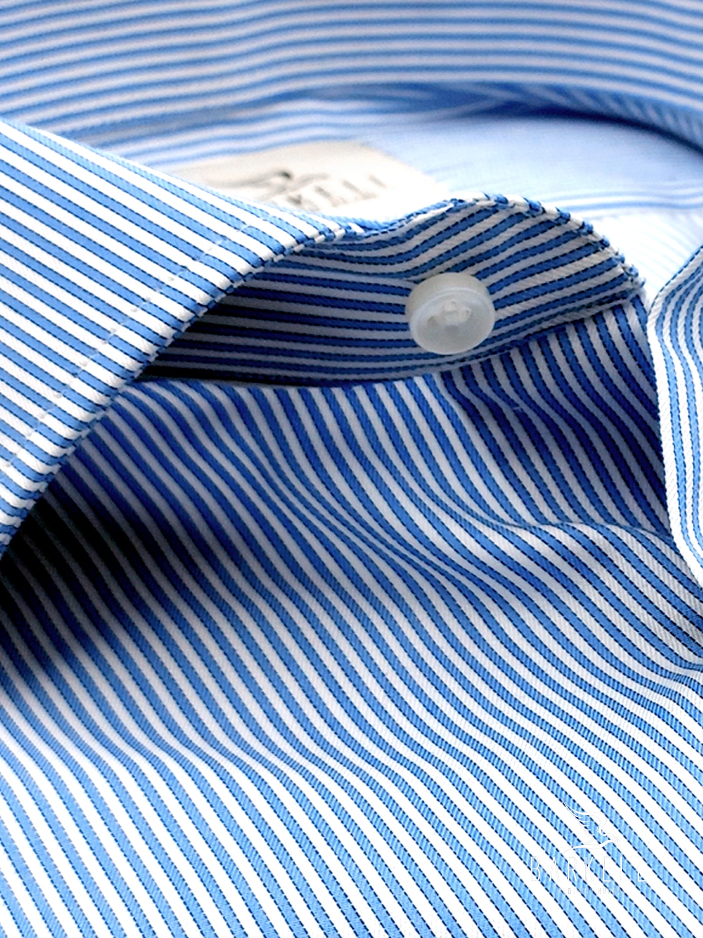Camicia in Cotone Doppio Ritorto Rigata Bianco e Celeste Collo Francese