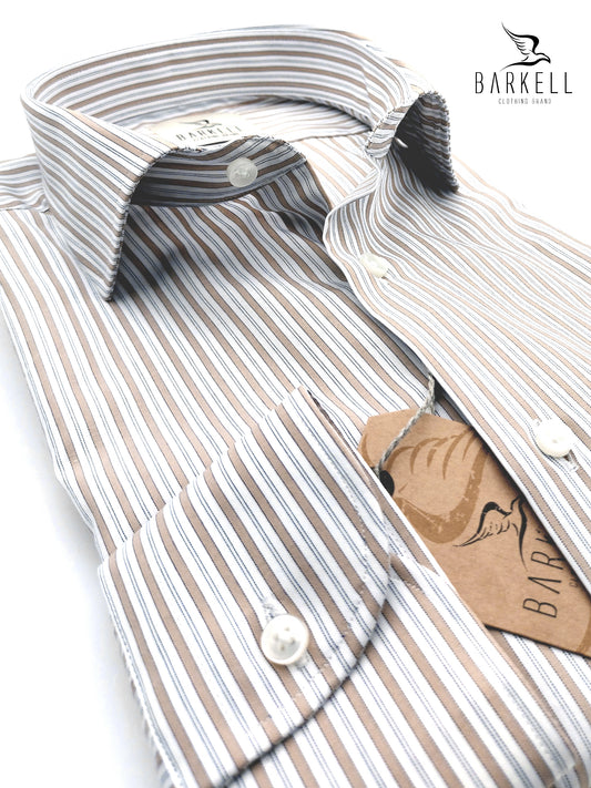 Camicia in Cotone Rigata Beige e Bianca Collo Francese