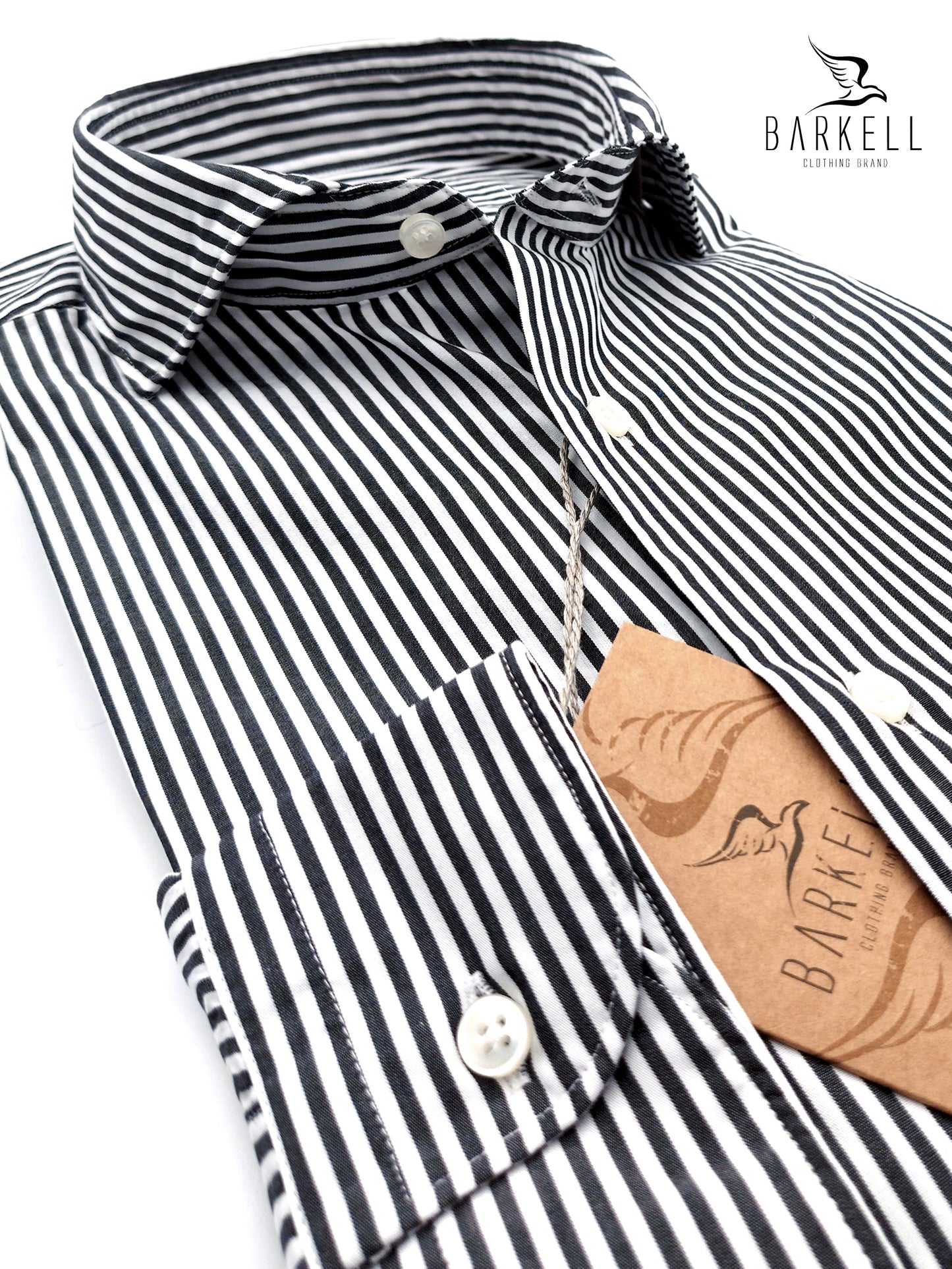 Camicia in Cotone Rigata Nero e Bianco Collo Francese Cutaway