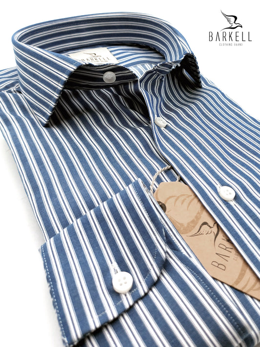 Camicia in Cotone Rigata Blu Denim e Bianca Collo Francese