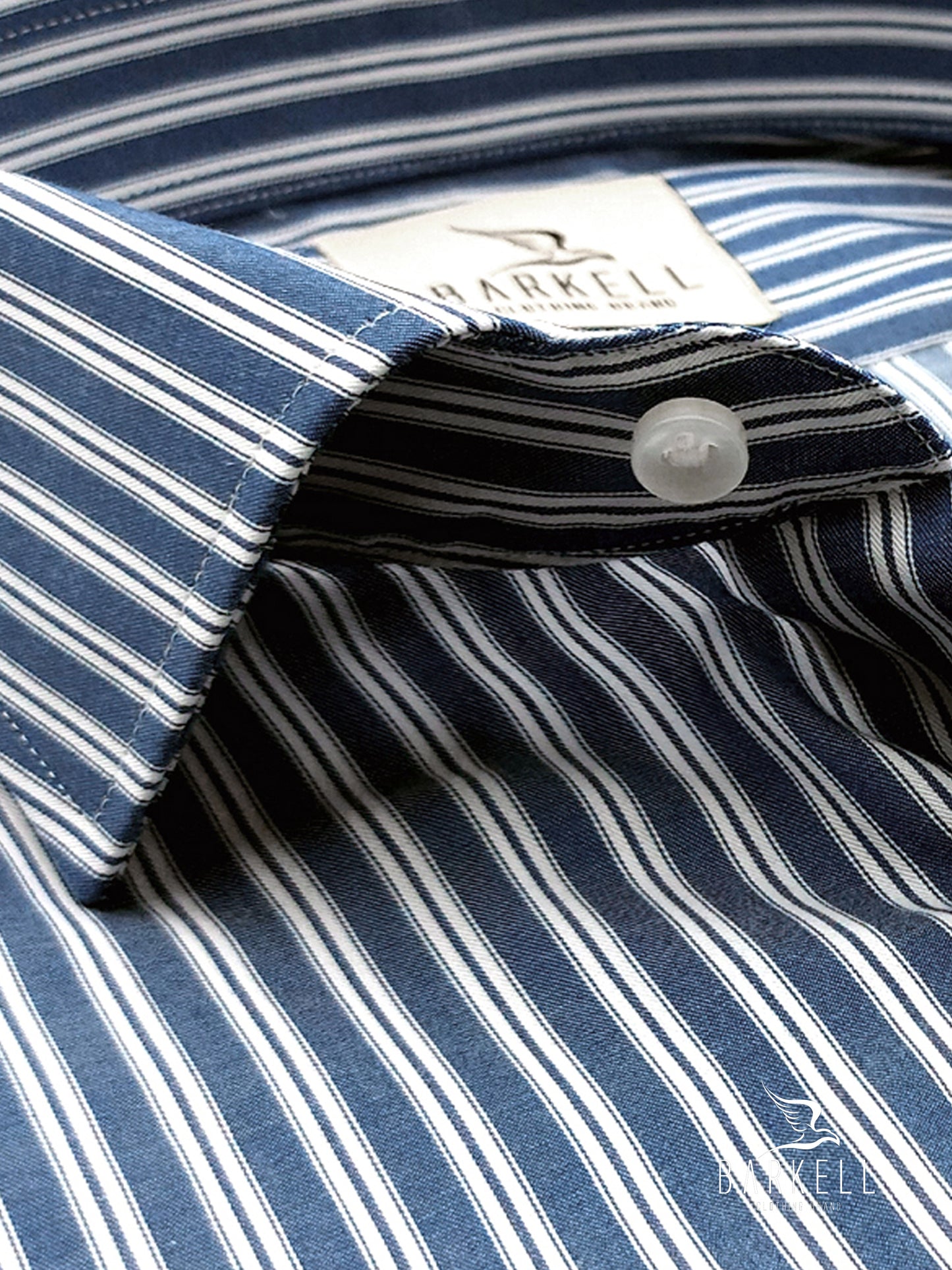Camicia in Cotone Rigata Blu Denim e Bianca Collo Francese