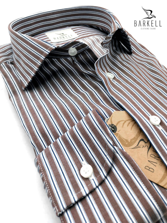 Camicia in Cotone Rigata Marrone e Bianca Collo Francese