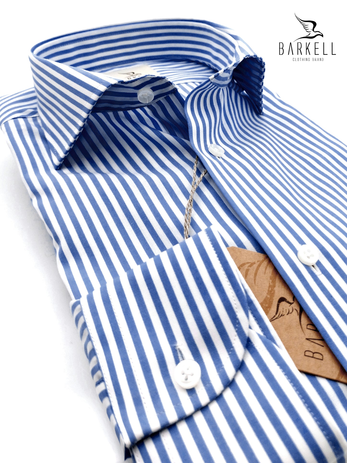 Chemise à col français en coton sans repassage à rayures bleu clair et blanc