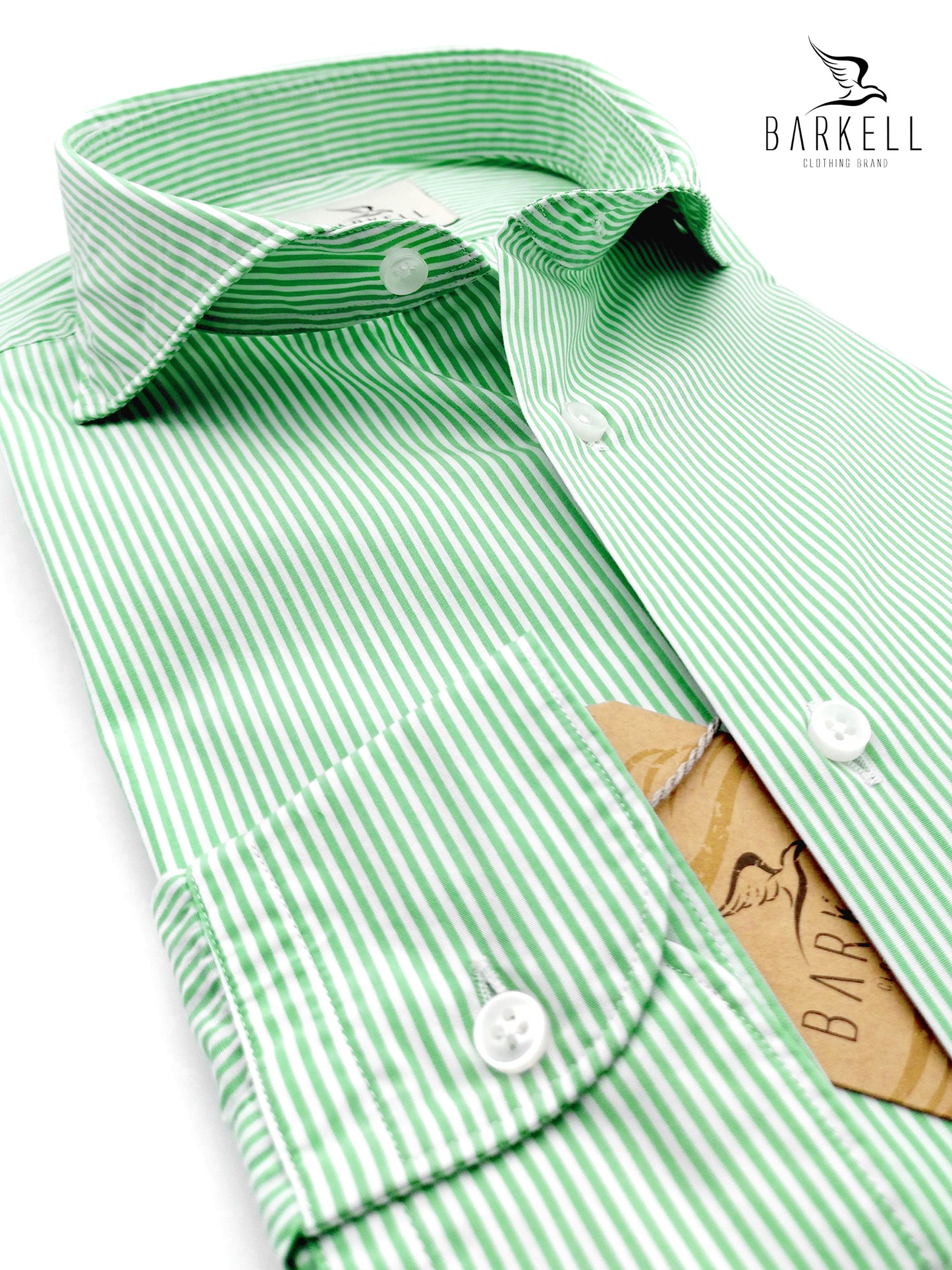 Camicia in Cotone Rigata Verde Mela e Bianco Collo Francese Cutaway