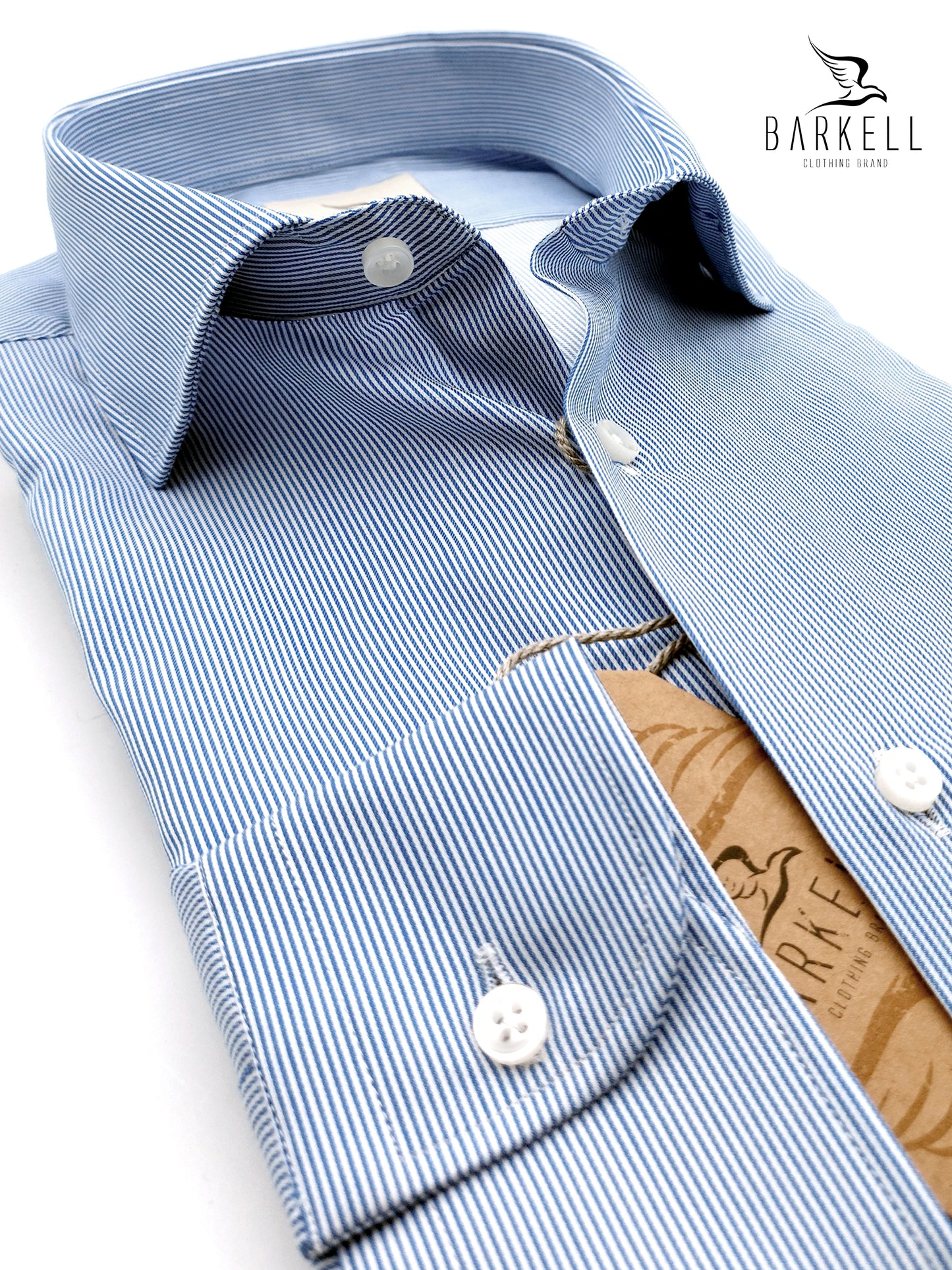 Camicia in Cotone Rigata Bianca e Blu Collo Francese