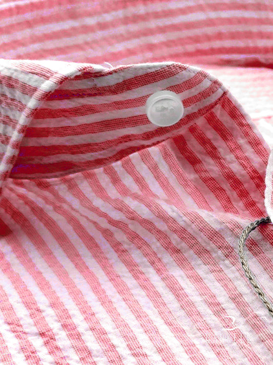 Camicia in Cotone Seersucker Rigata Rosso Aranciato e Bianco Collo Francese Cutaway