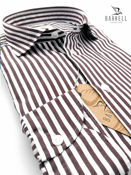 Brown and White Striped Cotton Shirt with Small Spread Collar