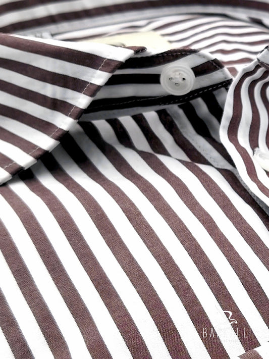 Brown and White Striped Cotton Shirt with Small Spread Collar