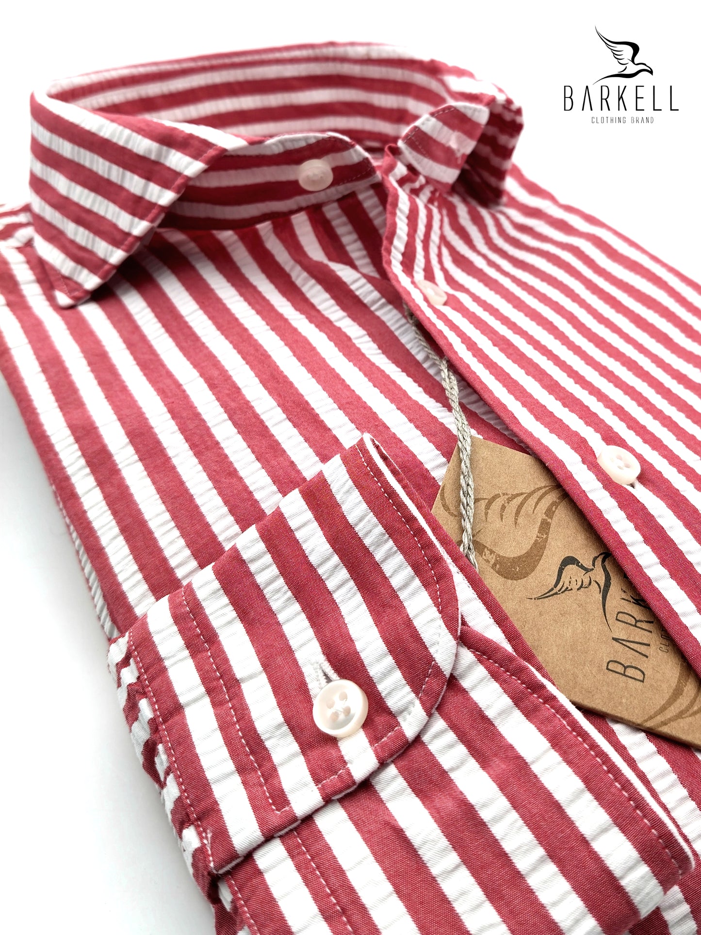 Camisa de algodón de seersucker a rayas rojas y blancas con cuello italiano