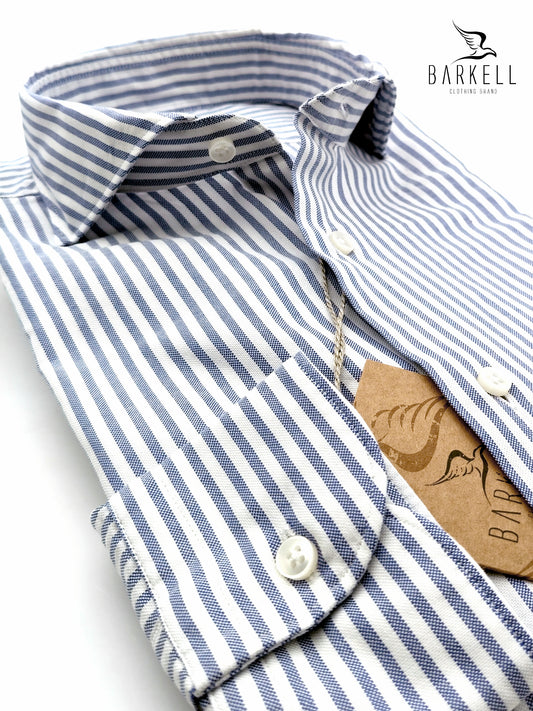 Camicia in Cotone Oxford Rigata Blu e Bianco Collo Francese Cutaway