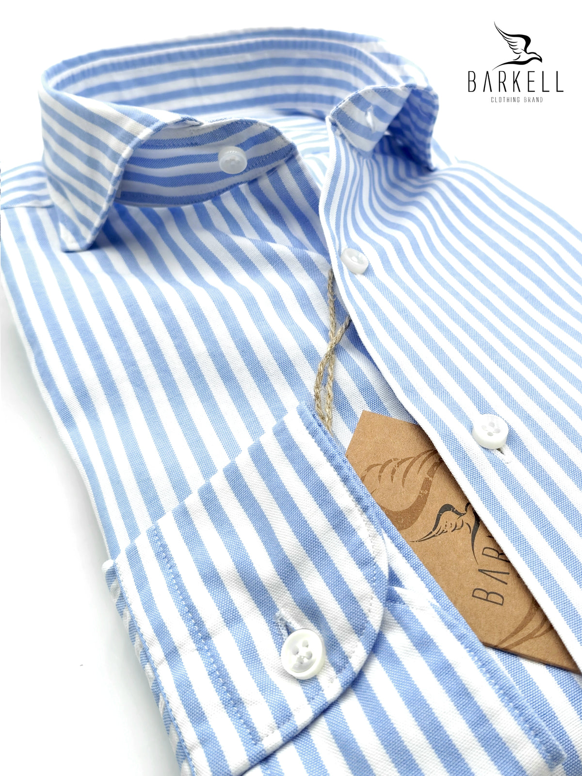 Camicia in Cotone Oxford Rigata Celeste e Bianco Collo Francese Cutaway