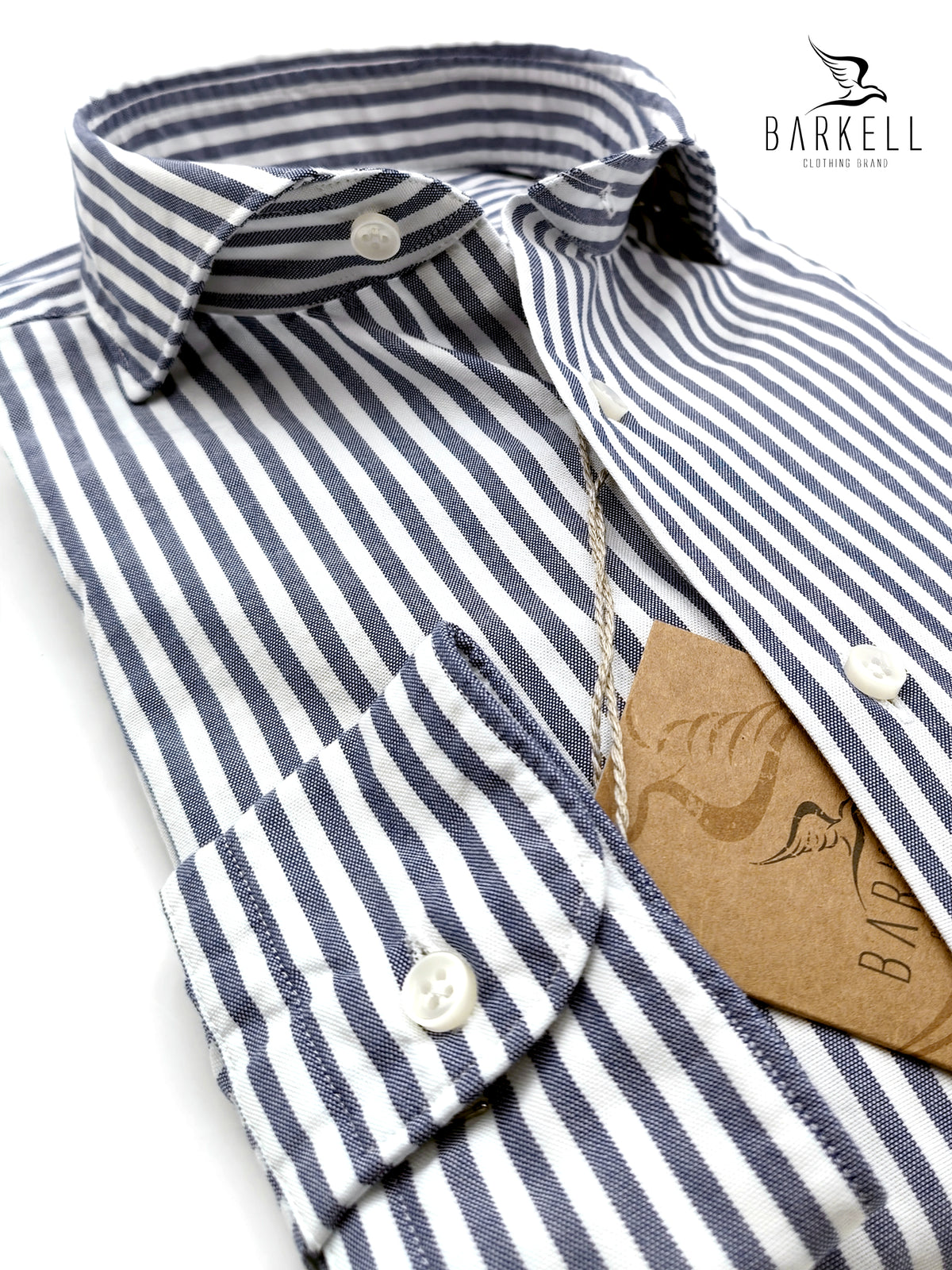 Camicia in Cotone Oxford Rigata Blu e Bianco Collo Francese Cutaway